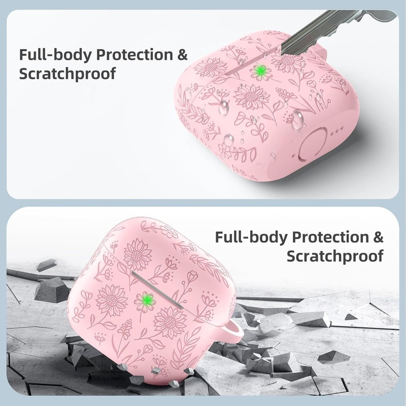 DAQIN for Airpods 4 Case, Cute Flower Engraved Silicone Protective Cover with Cleaner Kit & Keychain Compatible with Apple Airpods 4 Case 2024 for Women, Lightpink - Image 4